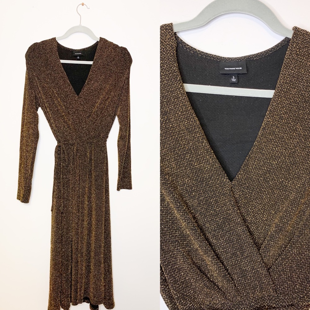 Gold Metallic V Neck MIDI Dress